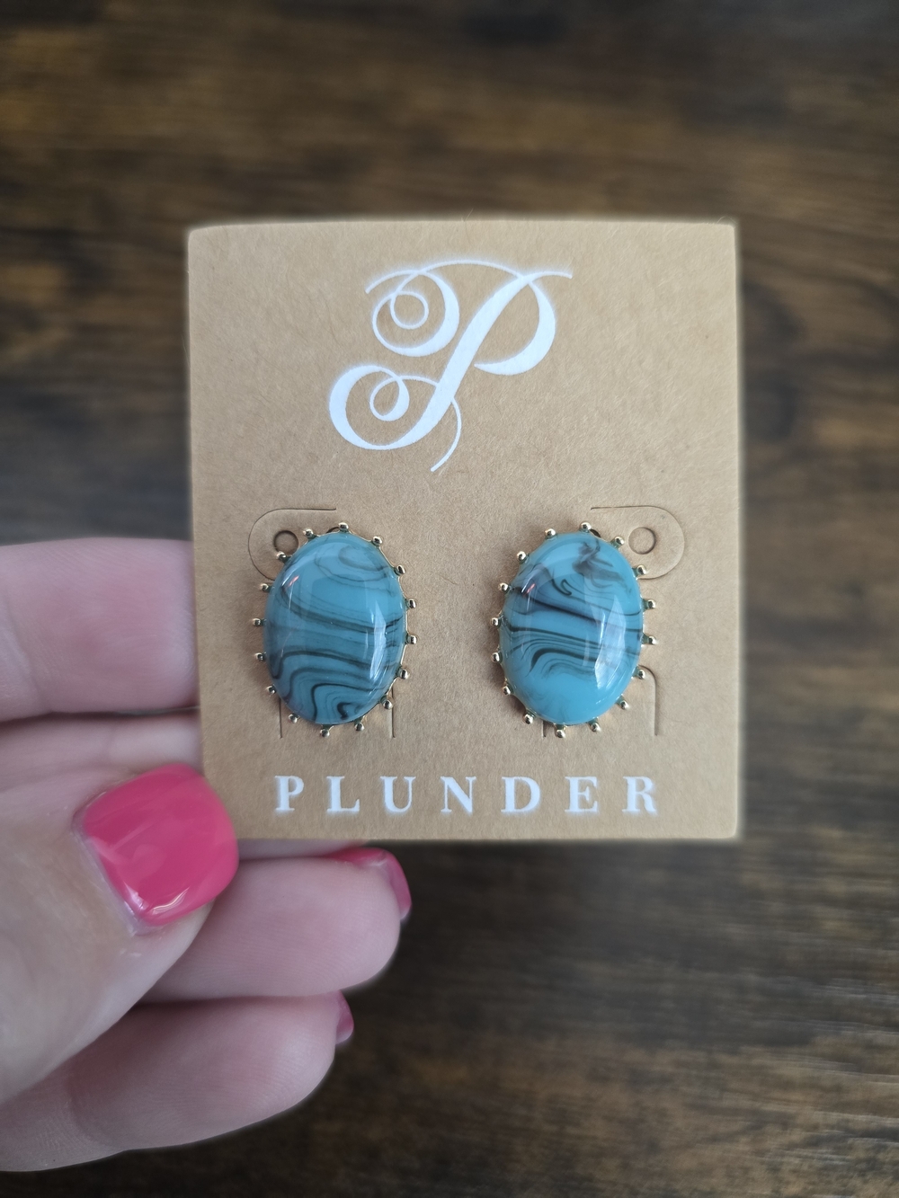 Plunder Turquoise Marbled Oval Stud Earrings with Gold Prongs